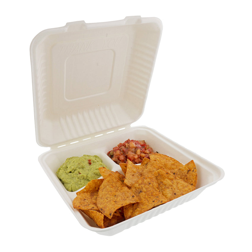 Large 3-section Hinged Lid Containers 9" x 9" x 3.19", with food