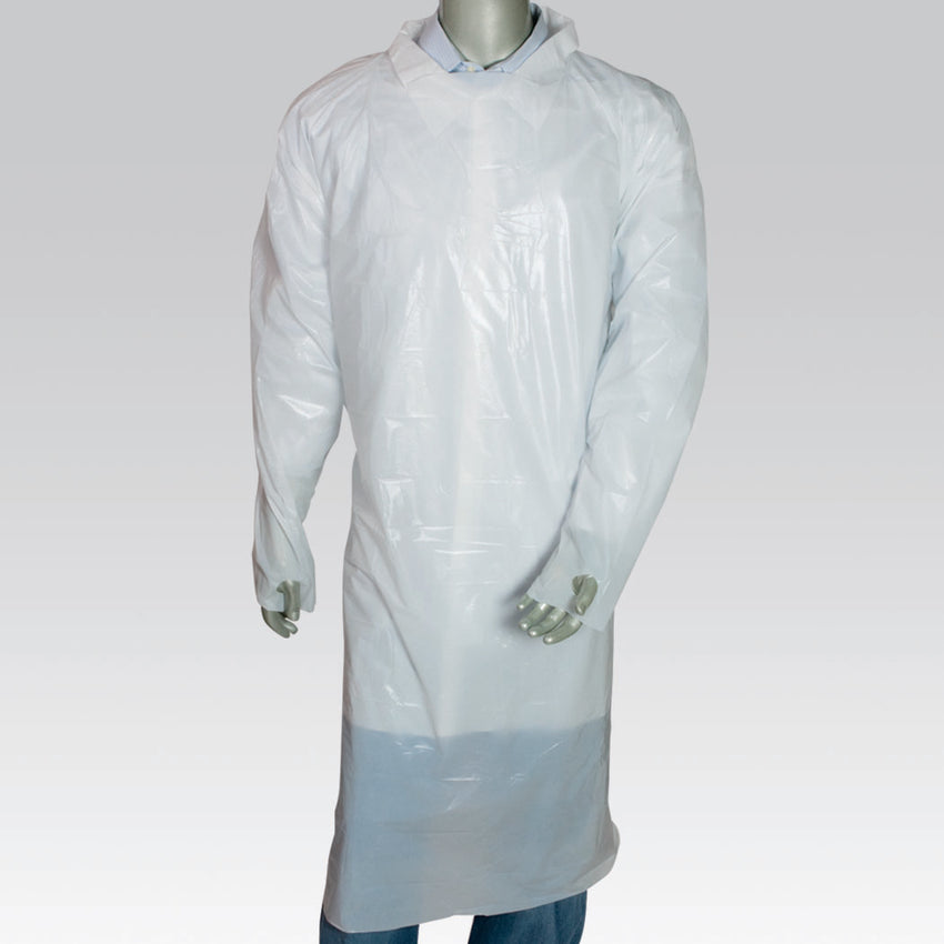 POLYETHYLENE ISOLATION GOWN WITH THUMB LOOPS WHITE