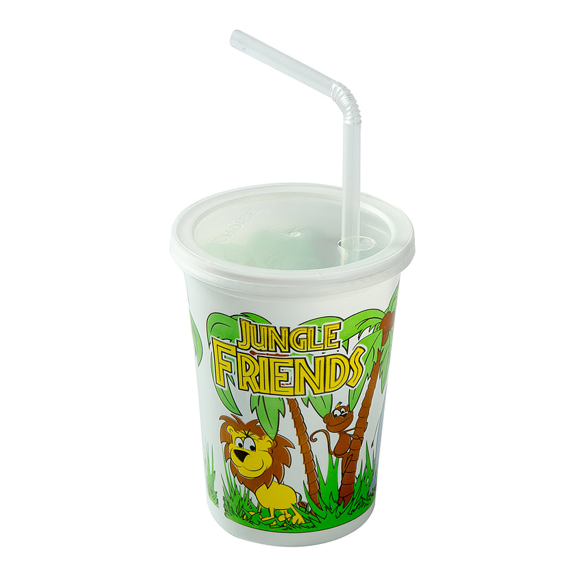 Dart Plastic Kids' Cups with Lids/Straws, 12 oz, Jungle Print (CC12CJ5145)