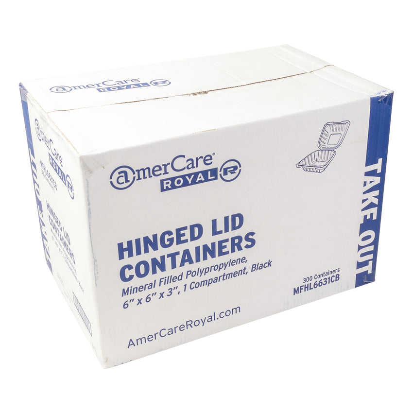 Mineral Filled PP Container, Hinged Lid, 6X6X3, 1 Comp, Black, Closed Case