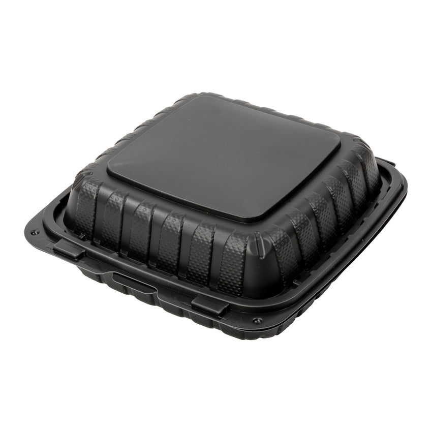 Mineral Filled PP Container, Hinged Lid, 8X8X3, 1 Comp, Black, Closed