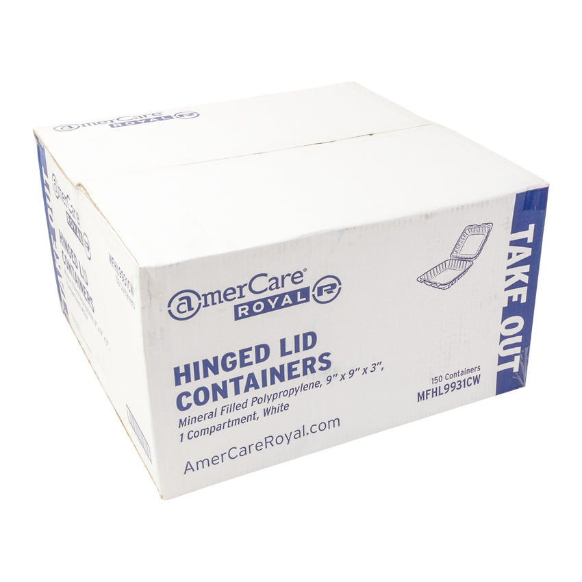 Mineral Filled PP Container, Hinged Lid, 9X9X3, 1 Comp, White, Closed Case