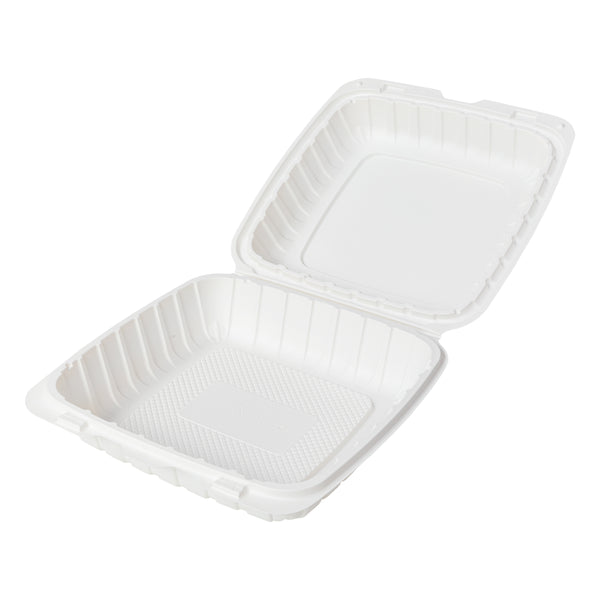 Mineral Filled PP Container, Hinged Lid, 9X9X3, 1 Comp, White, 2