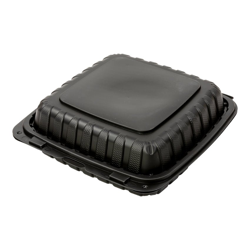 Mineral Filled PP Container, Hinged Lid, 9X9X3, 3 Comp, Black, Closed