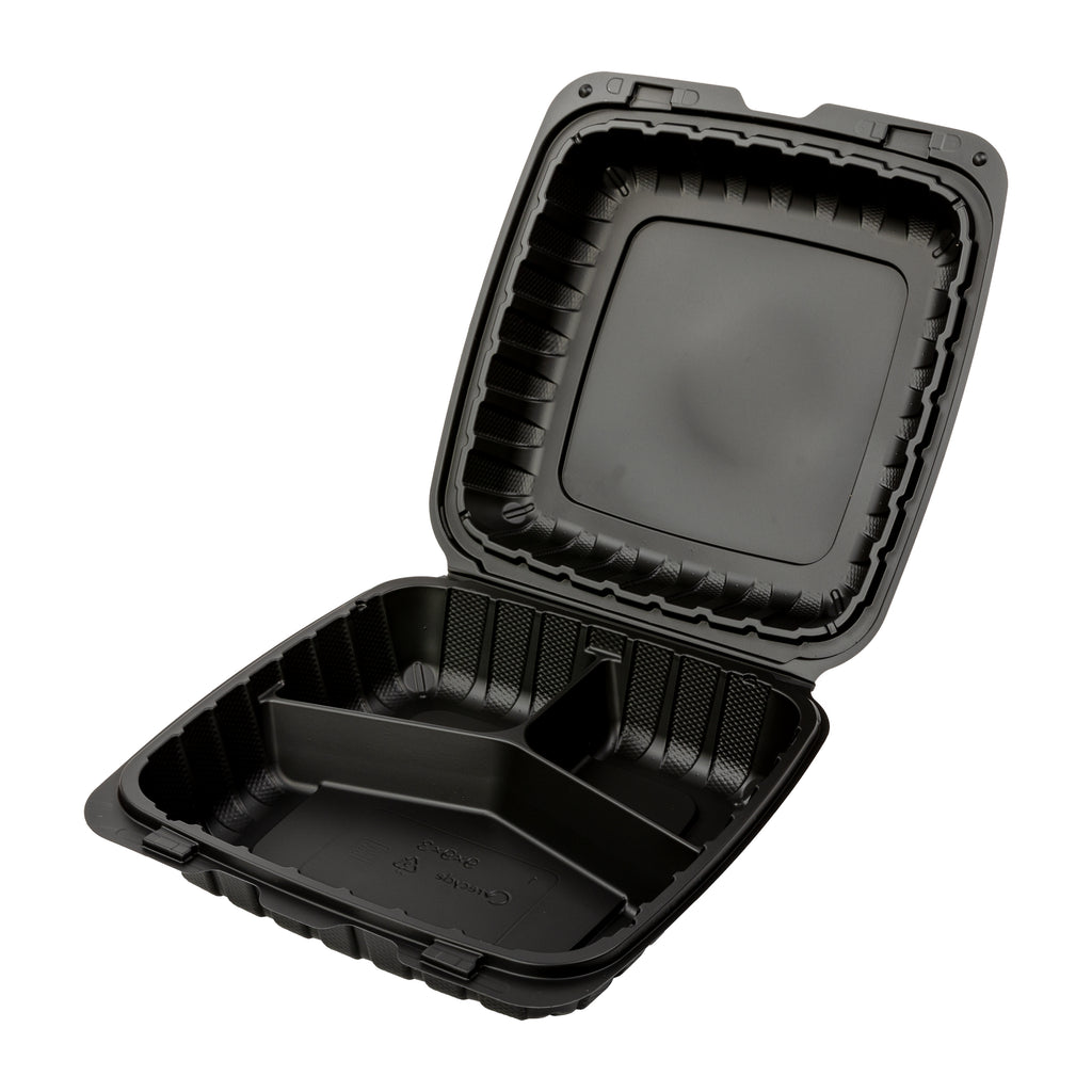 Mineral Filled PP Container, Hinged Lid, 9X9X3, 3 Comp, Black, 2/75 –  AmerCareRoyal