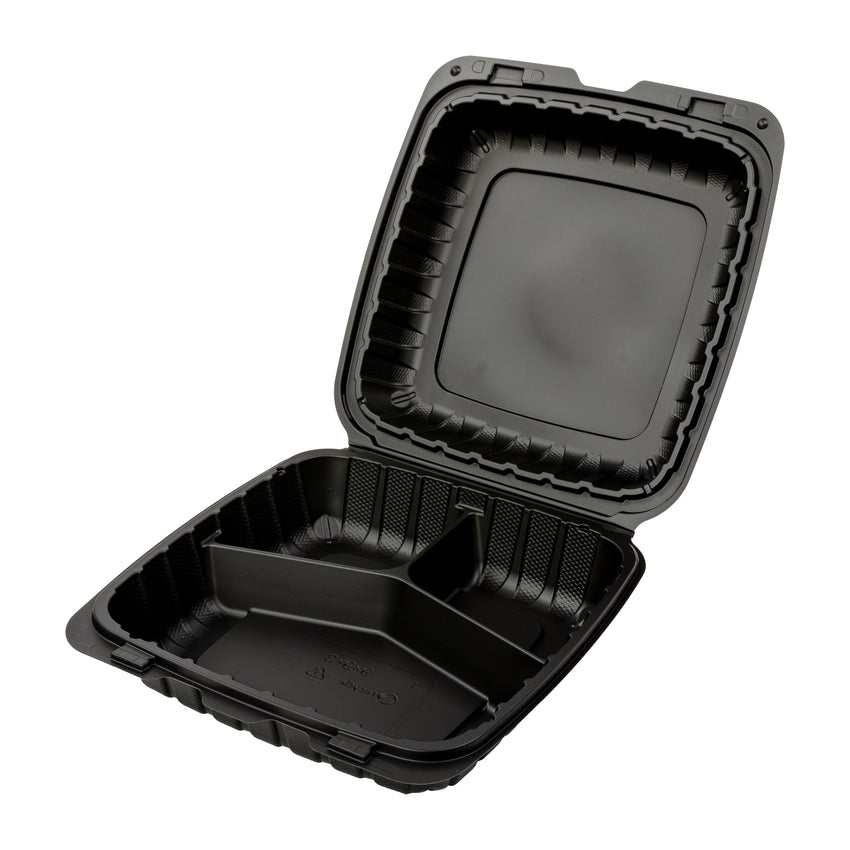 Mineral Filled PP Container, Hinged Lid, 9X9X3, 3 Comp, Black