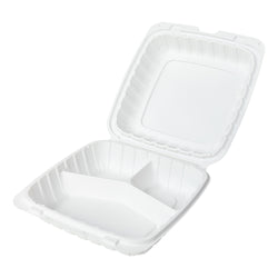 Mineral Filled PP Container, Hinged Lid, 9X9X3, 3 Comp, White