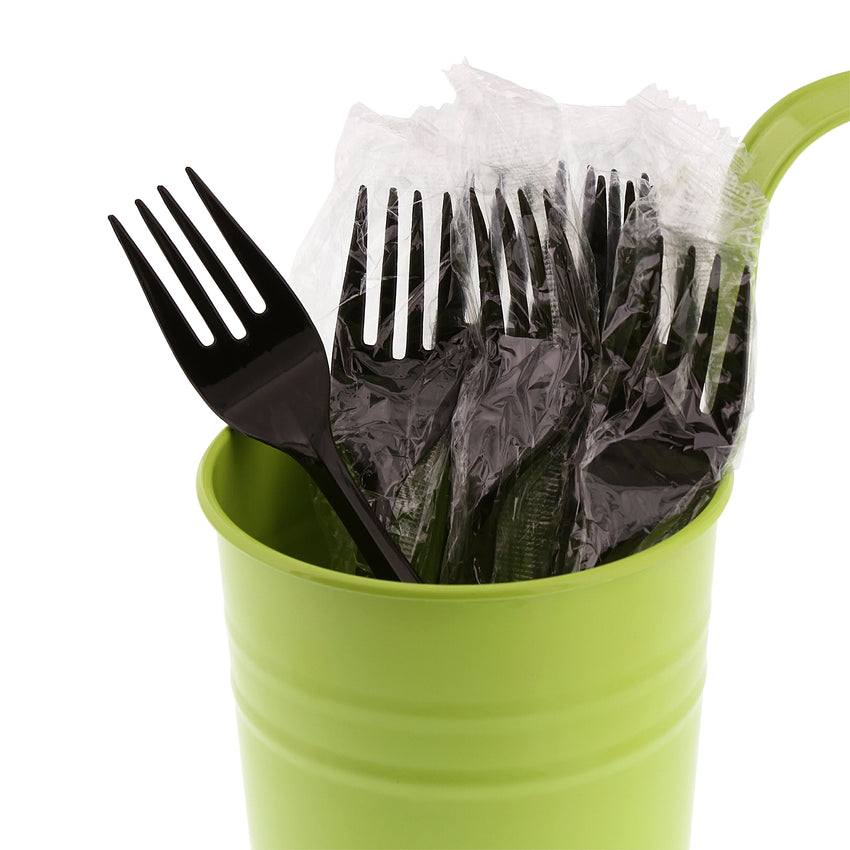 Black Polypropylene Fork, Medium Weight, Individually Wrapped, Image of Cutlery In A Cup