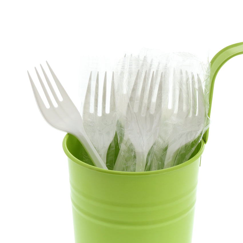 White Polypropylene Fork, Medium Weight, Individually Wrapped, Image of Cutlery In A Cup