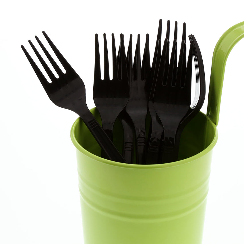 Black Polypropylene Fork, Medium Heavy Weight, Image of Cutlery In A Cup