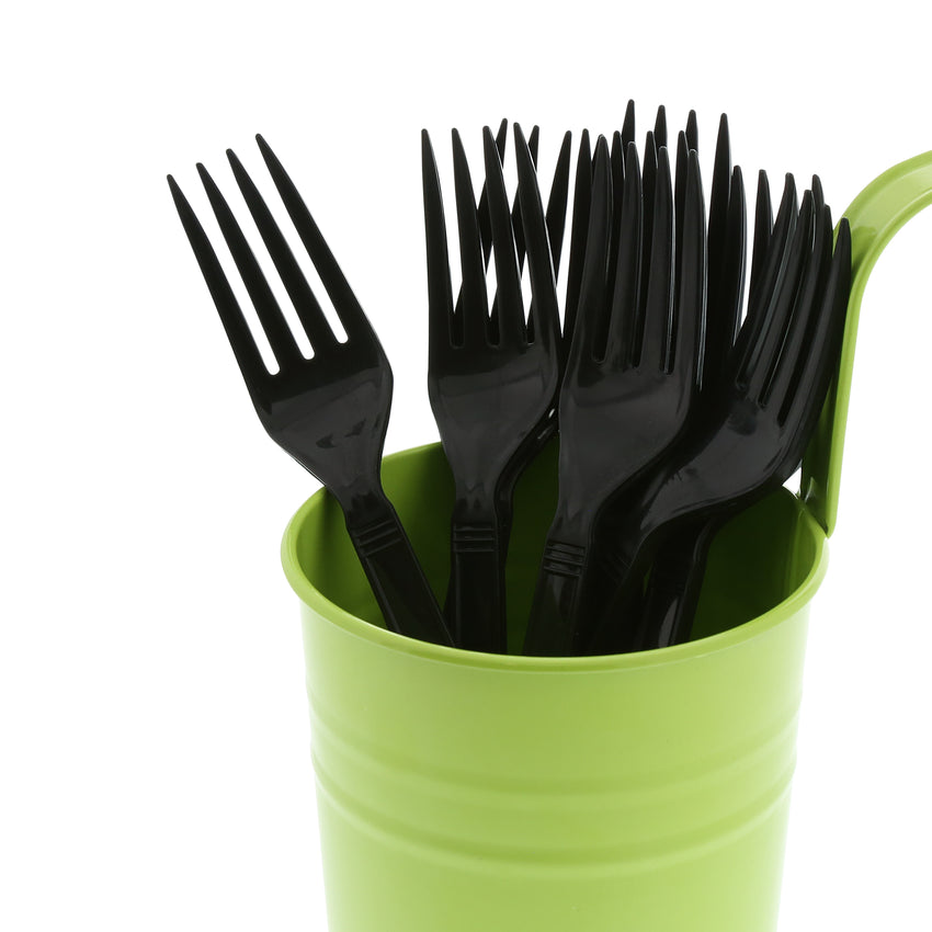 Black Polypropylene Fork, Heavy Weight, Image of Cutlery In A Cup