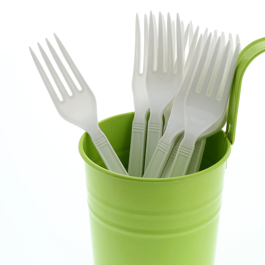 White Polypropylene Fork, Heavy Weight, Image of Cutlery In A Cup