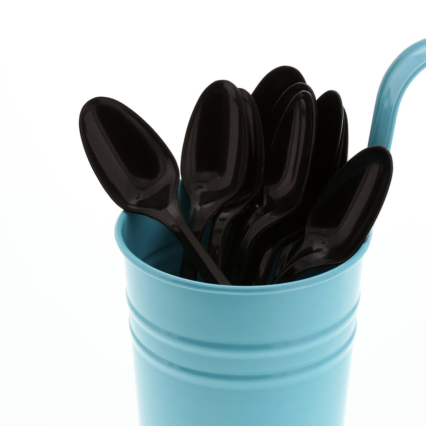 Black Polypropylene Teaspoon, Medium Weight, Image of Cutlery In A Cup