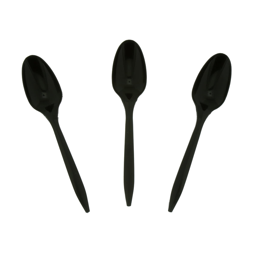 Black Polypropylene Teaspoon, Medium Weight, Three Teaspoons Fanned Out
