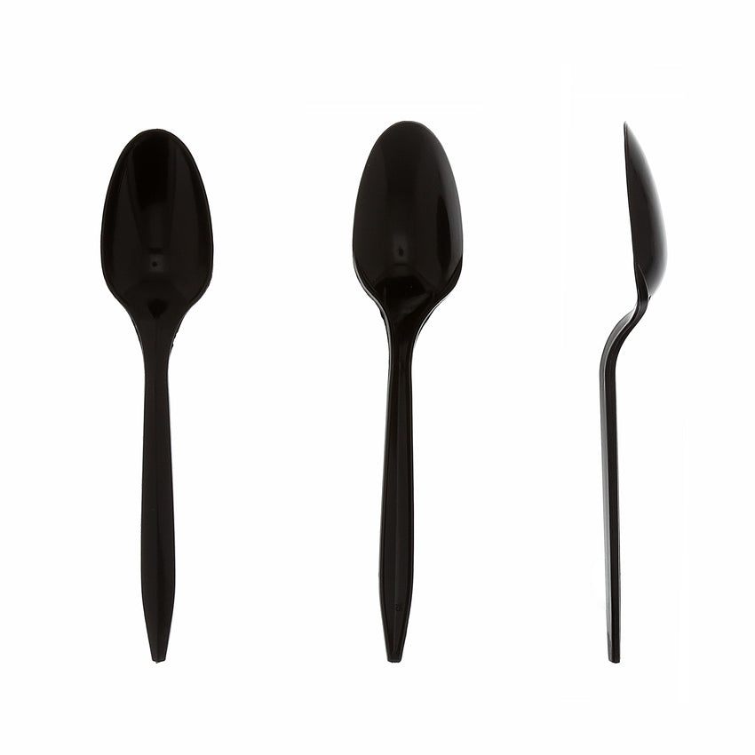 Black Polypropylene Teaspoon, Medium Weight, Three Teaspoons Side by Side