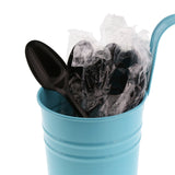 Black Polypropylene Teaspoon, Medium Weight, Individually Wrapped, Image of Cutlery In A Cup