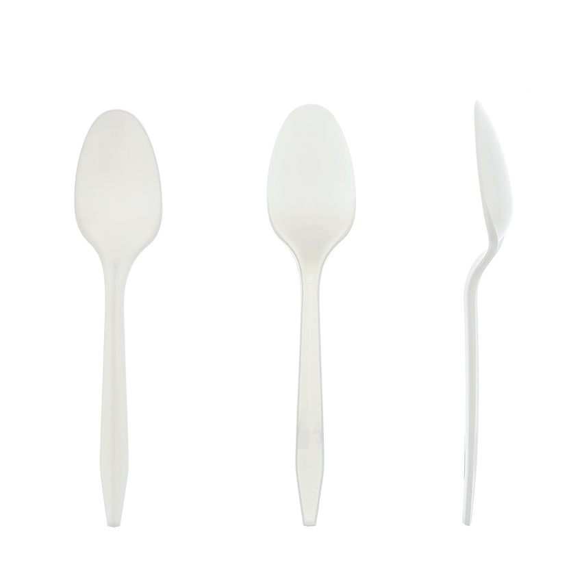 White Polypropylene Teaspoon, Medium Weight, Three Teaspoons Side by Side