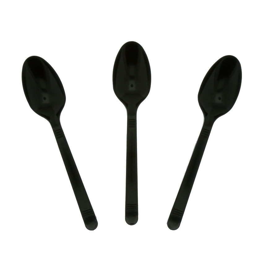 Black Polypropylene Teaspoon, Medium Heavy Weight, Three Teaspoons Fanned Out