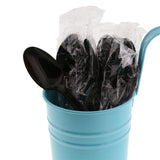Black Polypropylene Teaspoon, Medium Heavy Weight, Individually Wrapped, Image of Cutlery In A Cup