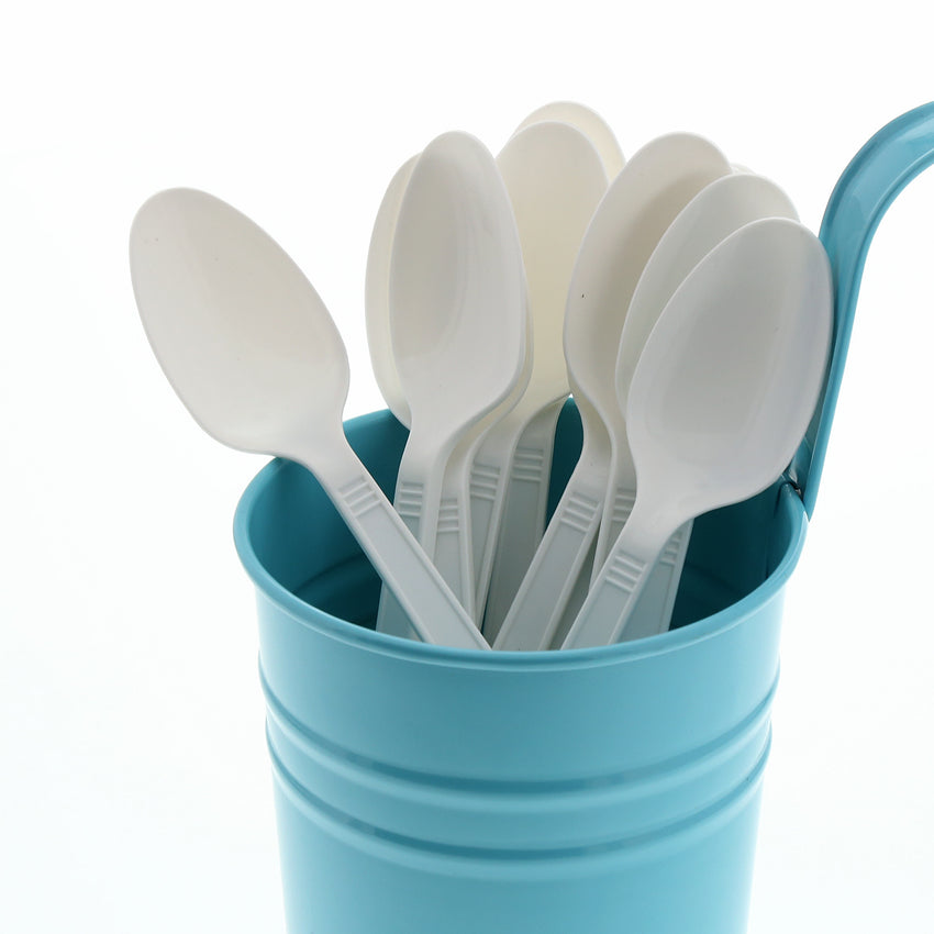 White Polypropylene Teaspoon, Medium Heavy Weight, Image of Cutlery In A Cup