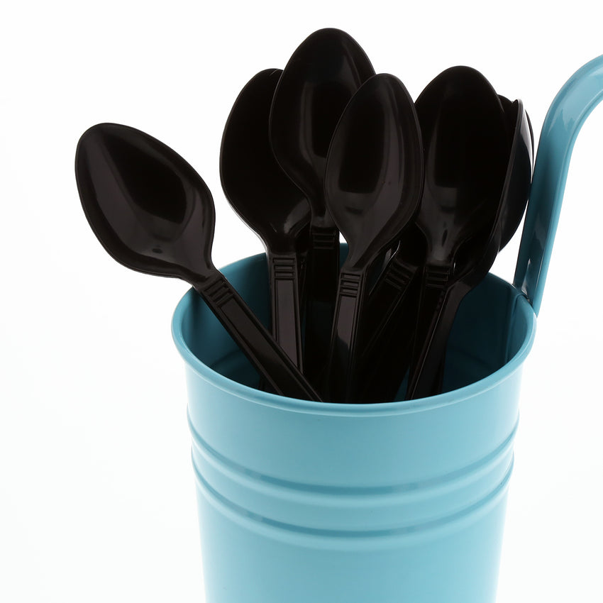 Black Polypropylene Teaspoon, Heavy Weight, Image of Cutlery In A Cup