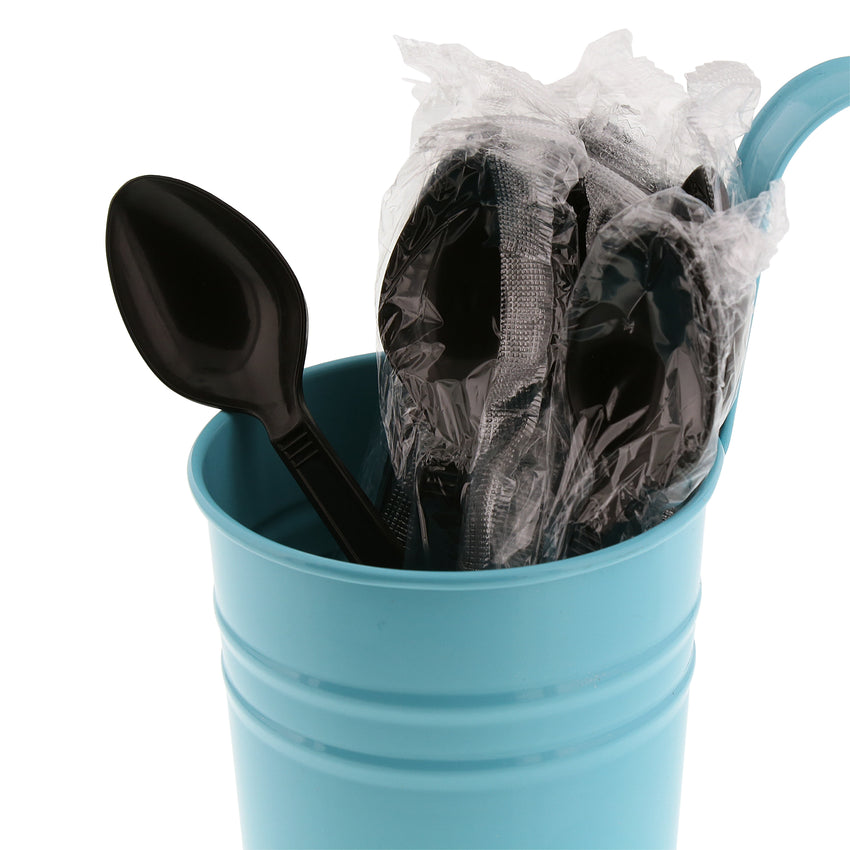 Black Polypropylene Teaspoon, Heavy Weight, Individually Wrapped, Image of Cutlery In A Cup