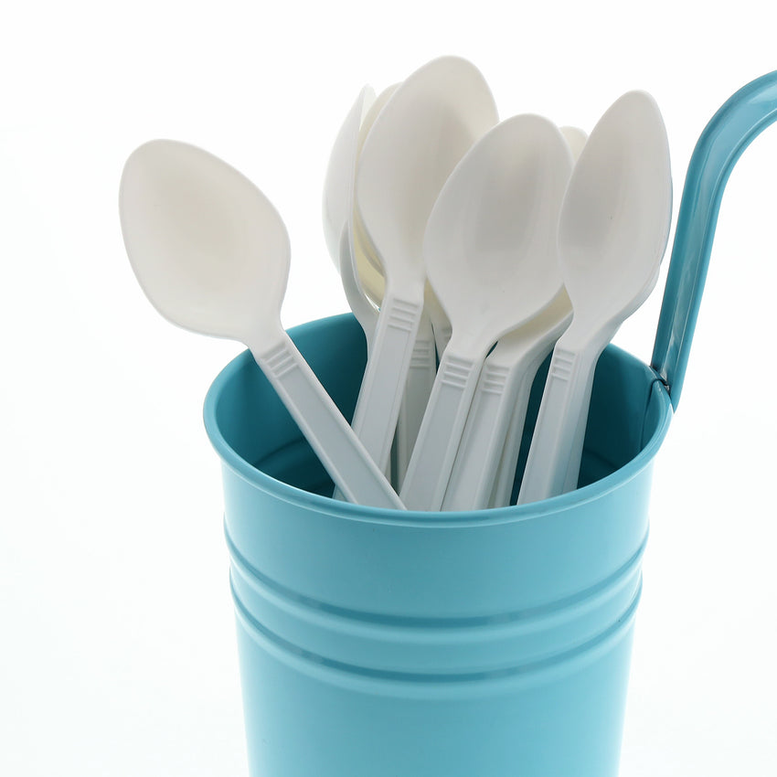 White Polypropylene Teaspoon, Heavy Weight, Image of Cutlery In A Cup