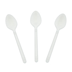 White Polypropylene Teaspoon, Heavy Weight, Three Teaspoons Fanned Out