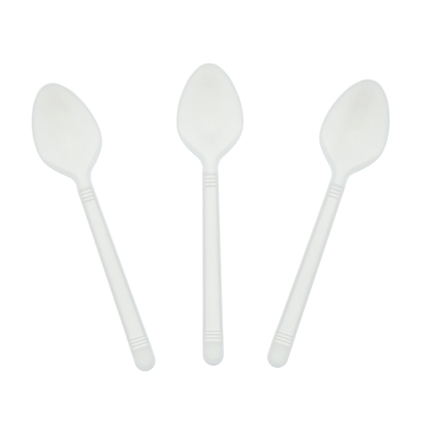 White Polypropylene Teaspoon, Heavy Weight, Three Teaspoons Fanned Out