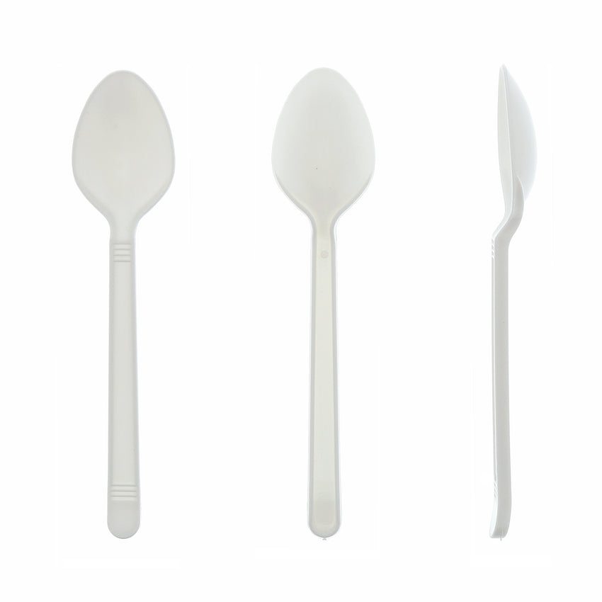 White Polypropylene Teaspoon, Heavy Weight, Three Teaspoons Side by Side