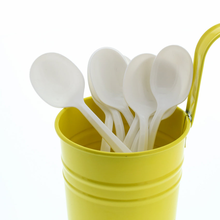 White Polypropylene Soup Spoon, Medium Weight, Image of Cutlery In A Cup