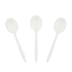 White Polypropylene Soup Spoon, Medium Weight, Three Spoons Fanned Out