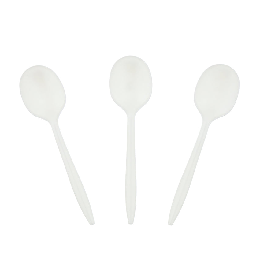 White Polypropylene Soup Spoon, Medium Weight, Three Spoons Fanned Out