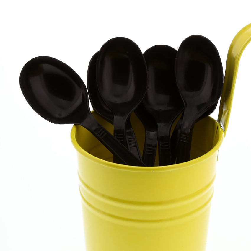 Black Polypropylene Soup Spoon, Medium Heavy Weight, Image of Cutlery In A Cup