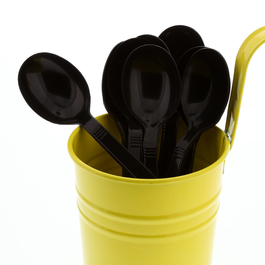 Black Polypropylene Soup Spoon, Heavy Weight, Image of Cutlery In A Cup