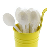 White Polypropylene Soup Spoon, Heavy Weight, Individually Wrapped, Image of Cutlery In A Cup
