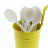 White Polypropylene Soup Spoon, Heavy Weight, Image of Cutlery In A Cup