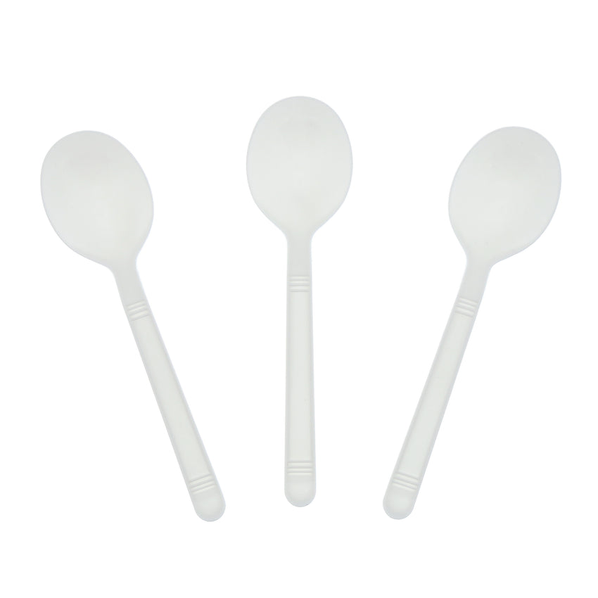 White Polypropylene Soup Spoon, Heavy Weight, Three Spoons Fanned Out