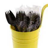 Black Polypropylene Spork, Medium Weight, Individually Wrapped, Image of Cutlery In A Cup