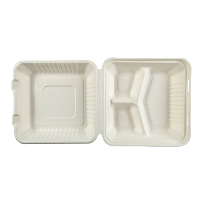 Large 3-section PLA Lined Hinged Lid Containers 9 x 9 x 3.19", Opened Container, Overhead View
