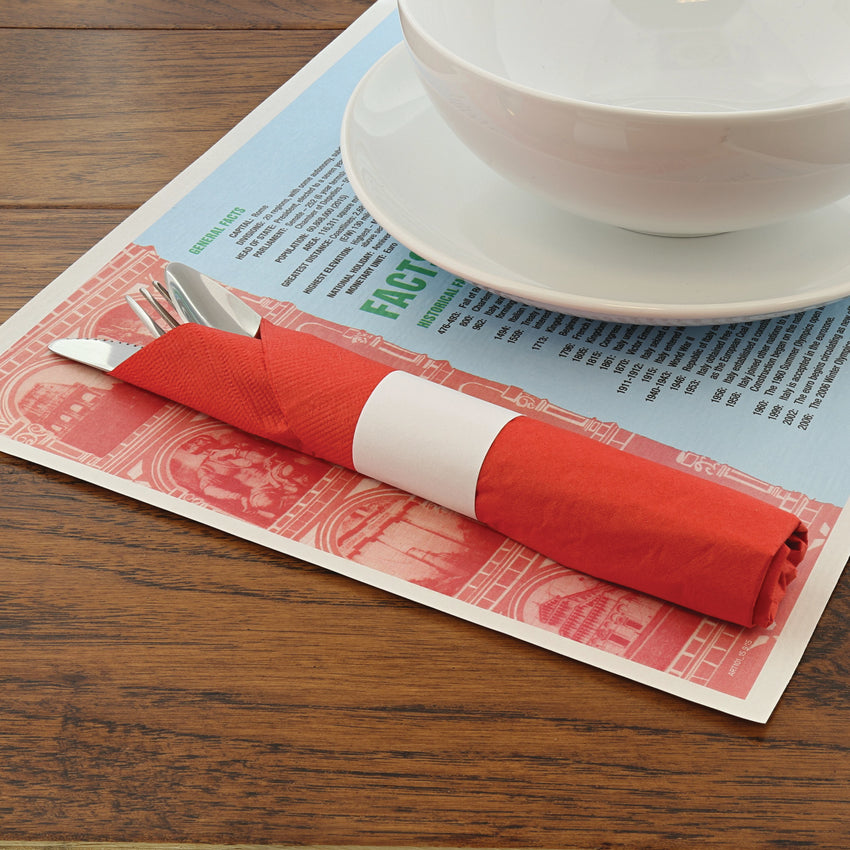 FACTS ABOUT ITALY PLACEMAT 10" X 14" STRAIGHT EDGE, Placemat With Dinnerware and Utensils On Top