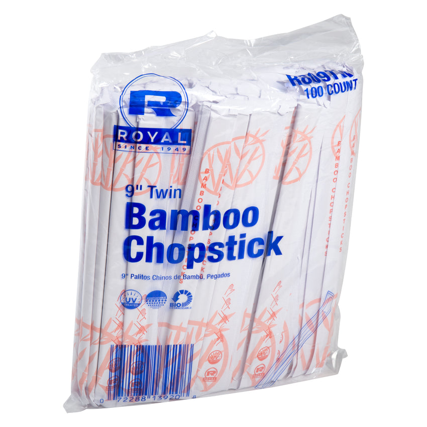 9" TWIN BAMBOO CHOPSTICKS IN WHITE PAPER SLEEVE, Plastic Wrapped Inner Package
