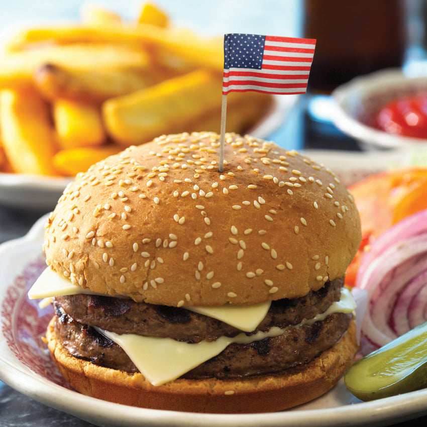 AMERICAN FLAG PICKS, Pick Stuck Into A Hamburger