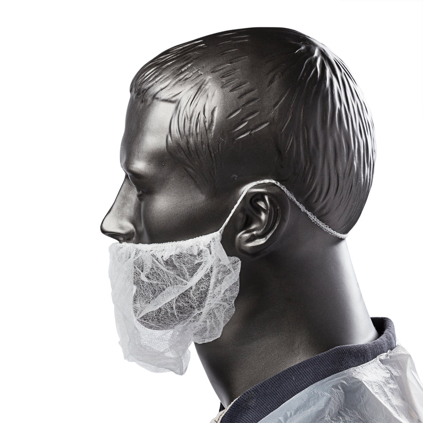 POLYPROPYLENE BEARD PROTECTOR WHITE LATEX FREE, Side View On Mannequin