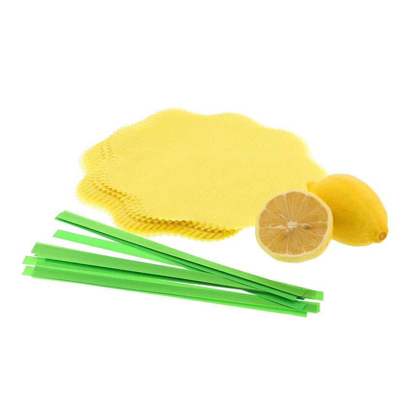YELLOW LEMON WRAP GREEN RIBBON FLAT, Stack Of Wraps With Green Ribbon and Lemons
