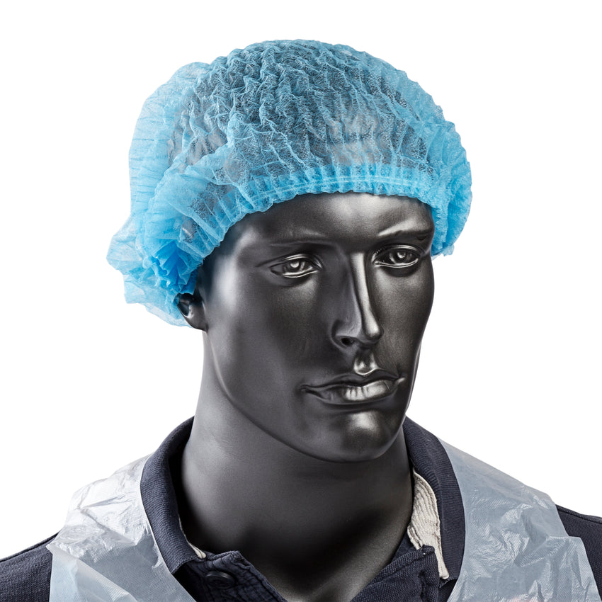 24" BLUE O.R. CAP LATEX FREE PLEATED, On Mannequin Front View