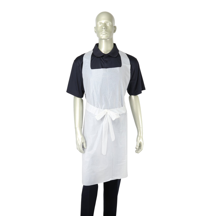 WHITE 28" X 46" 1 MIL POLY APRON BOXED, Apron On Mannequin, Front Tied