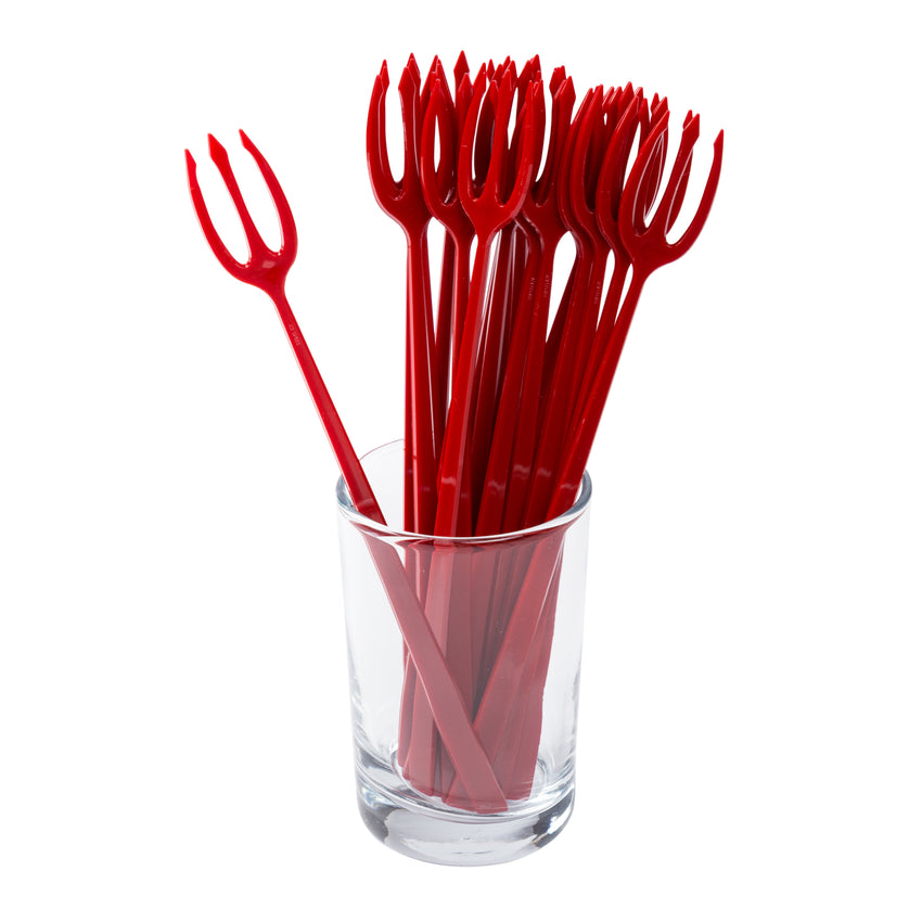 PLASTIC FORK 3 PRONG RED DEVIL, Group Of Forks In A Glass Holder