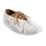 WHITE POLYPRO SHOE COVER NON SKID WITH WHITE TRED LARGE, On Shoe Rotated Front View
