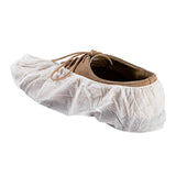 WHITE POLYPRO SHOE COVER NON SKID WITH WHITE TRED LARGE, On Shoe Rotated Back View